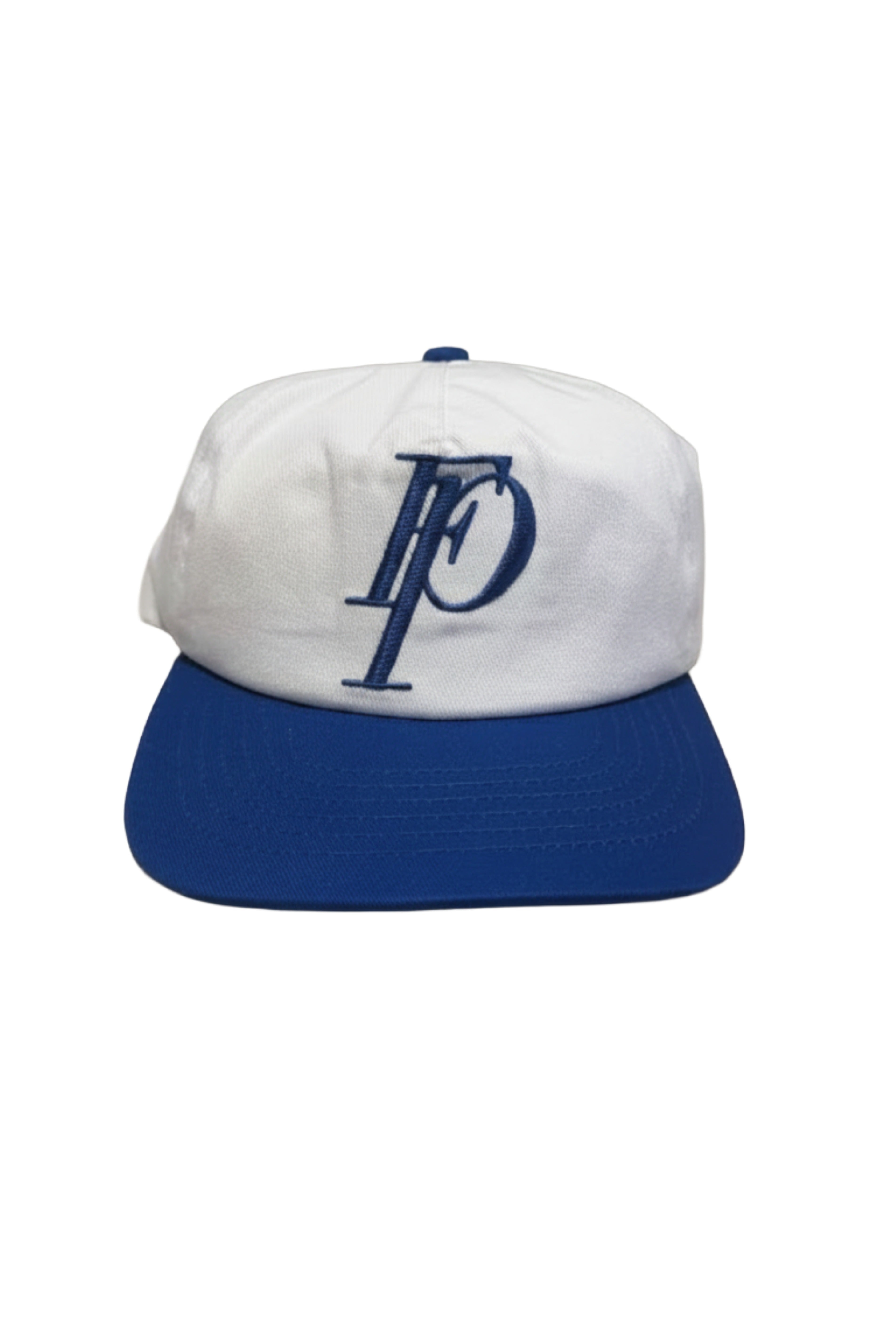 A white and royal blue baseball cap featuring an embroidered navy blue 'FP' logo on the front, set against a plain white background.